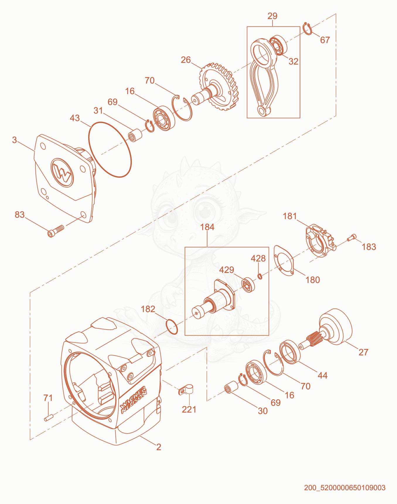 Exploded parts diagram of the Crankcase cpl. of a Wacker Neuson BS70-2I, with numbered balloons