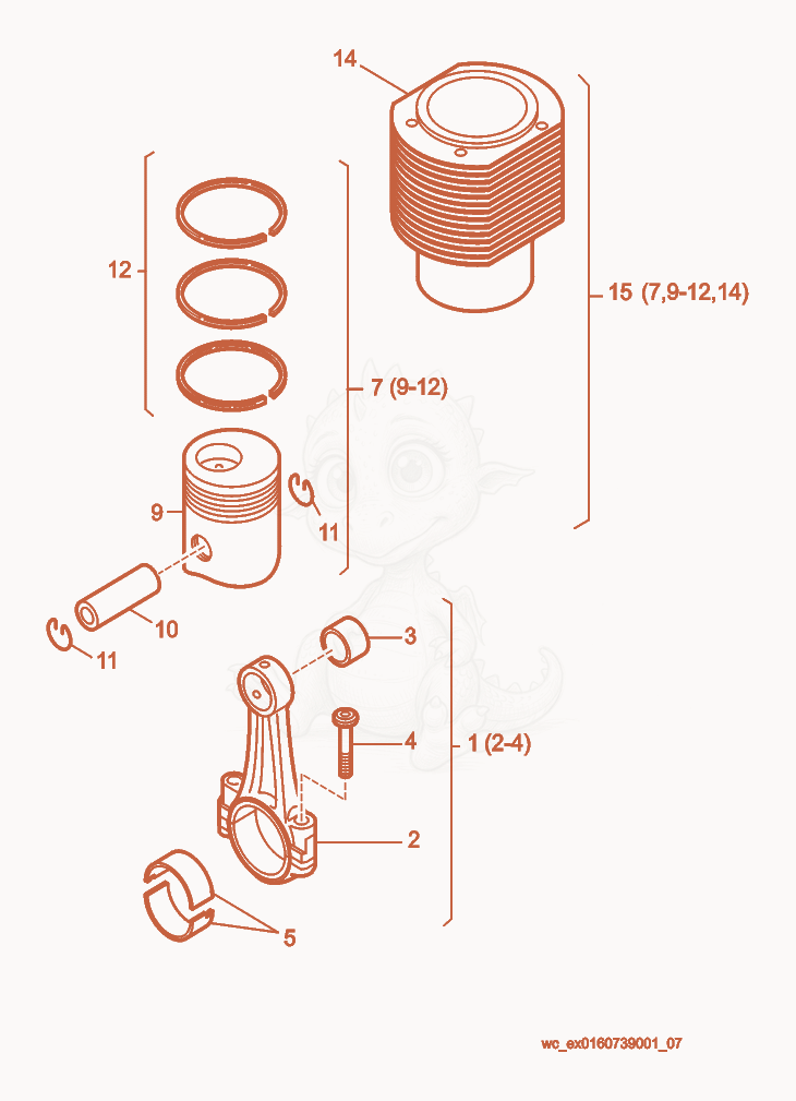 Exploded parts diagram of the Piston/Connecting Rod of a Wacker Neuson RD25, with numbered balloons