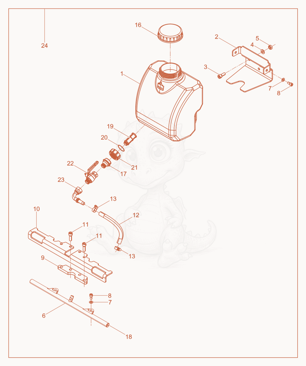 Exploded parts diagram of the Water System cpl. of a Wacker Neuson AP1840WE, with numbered balloons