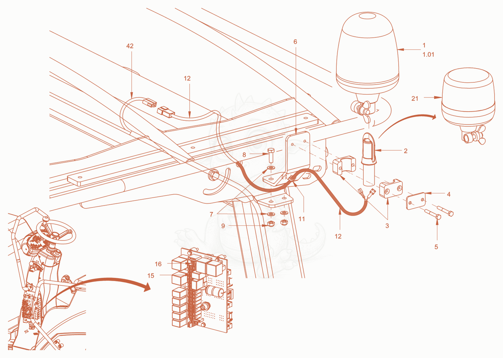 Exploded parts diagram of the rotary beacon of a Wacker Neuson RD24-100OUS, with numbered balloons