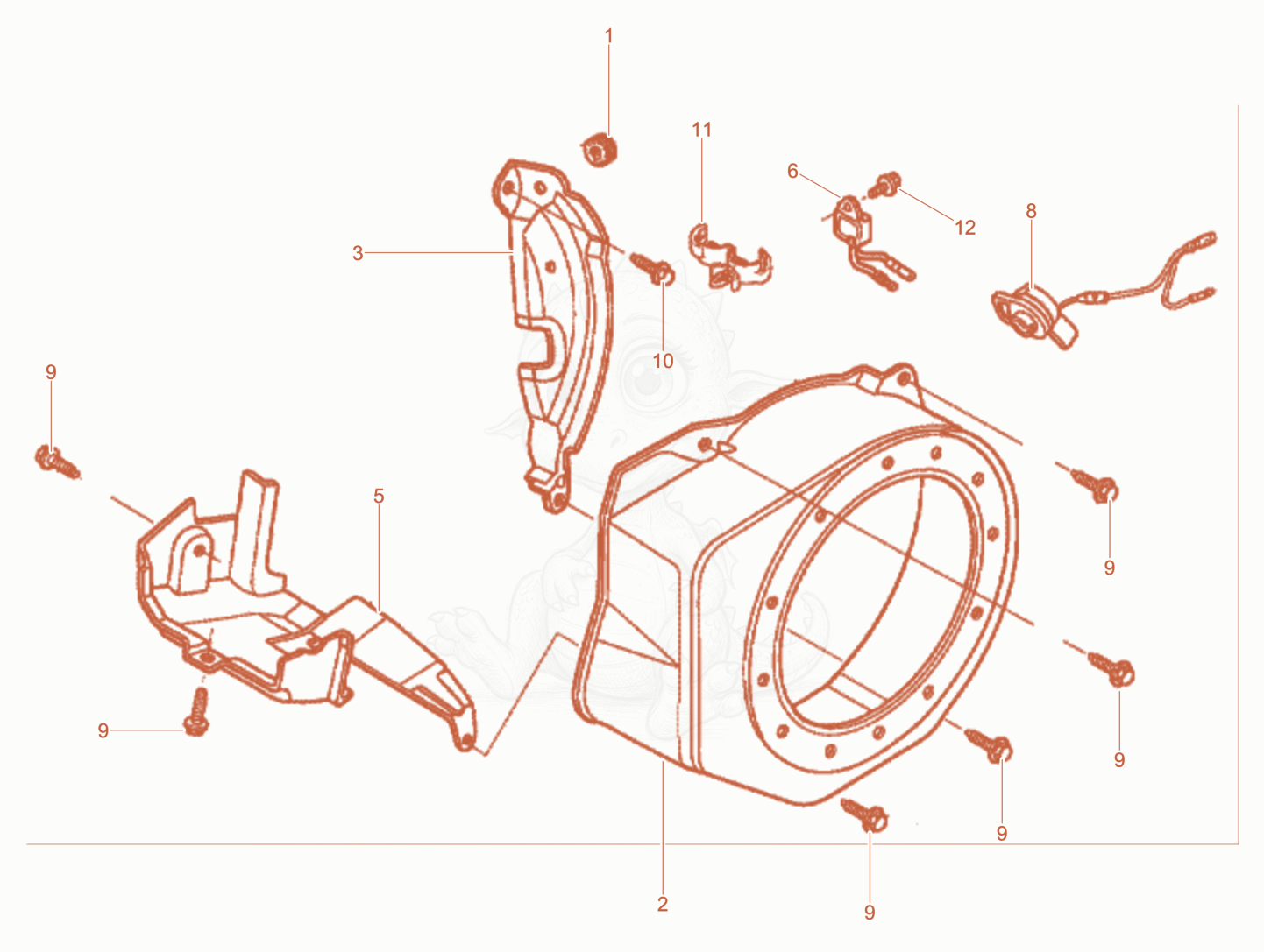 Despiece del Fan hood de una máquina Wacker Neuson XPSKMAT, con globos numerados