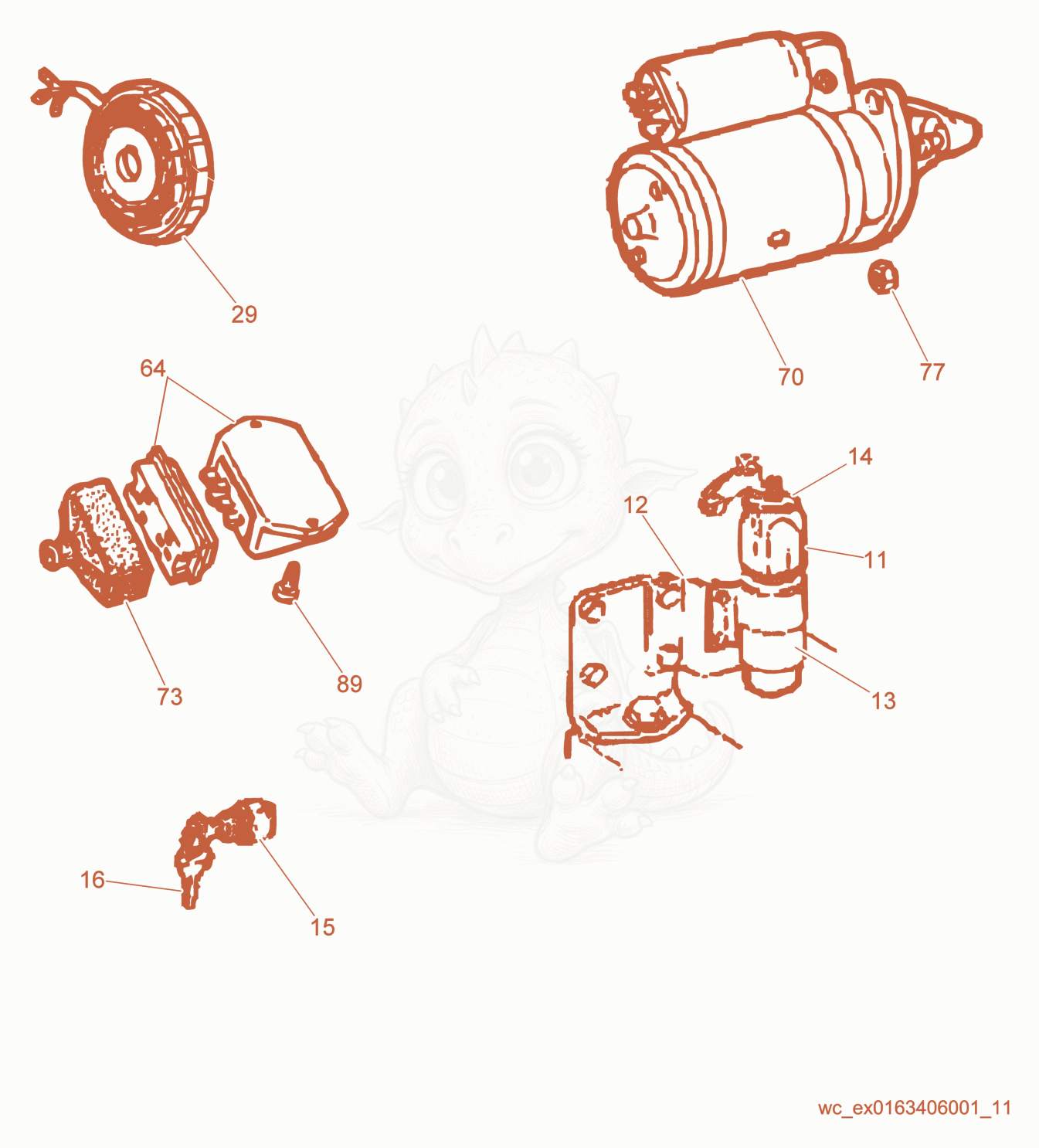 Despiece del Starting System de una máquina Wacker Neuson PT6LS, con globos numerados