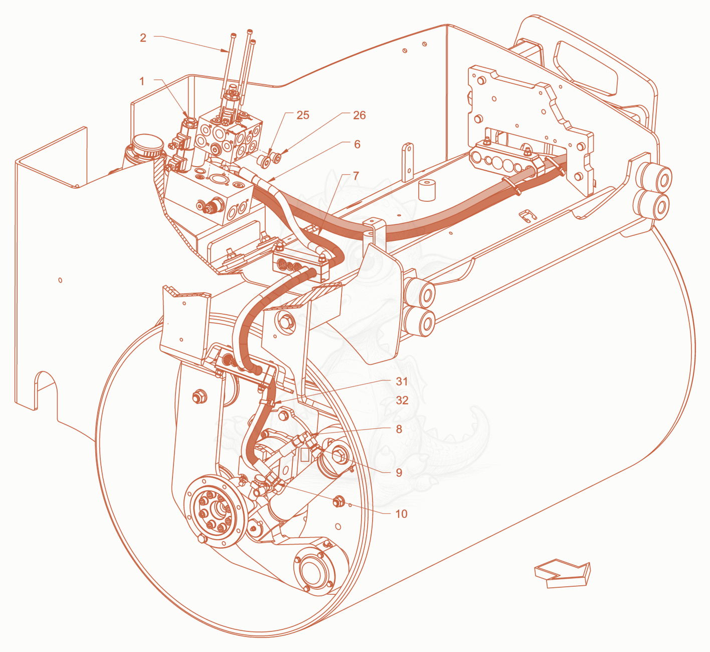Exploded parts diagram of the hydraulic equipment of a Wacker Neuson RD28-120DPF, with numbered balloons