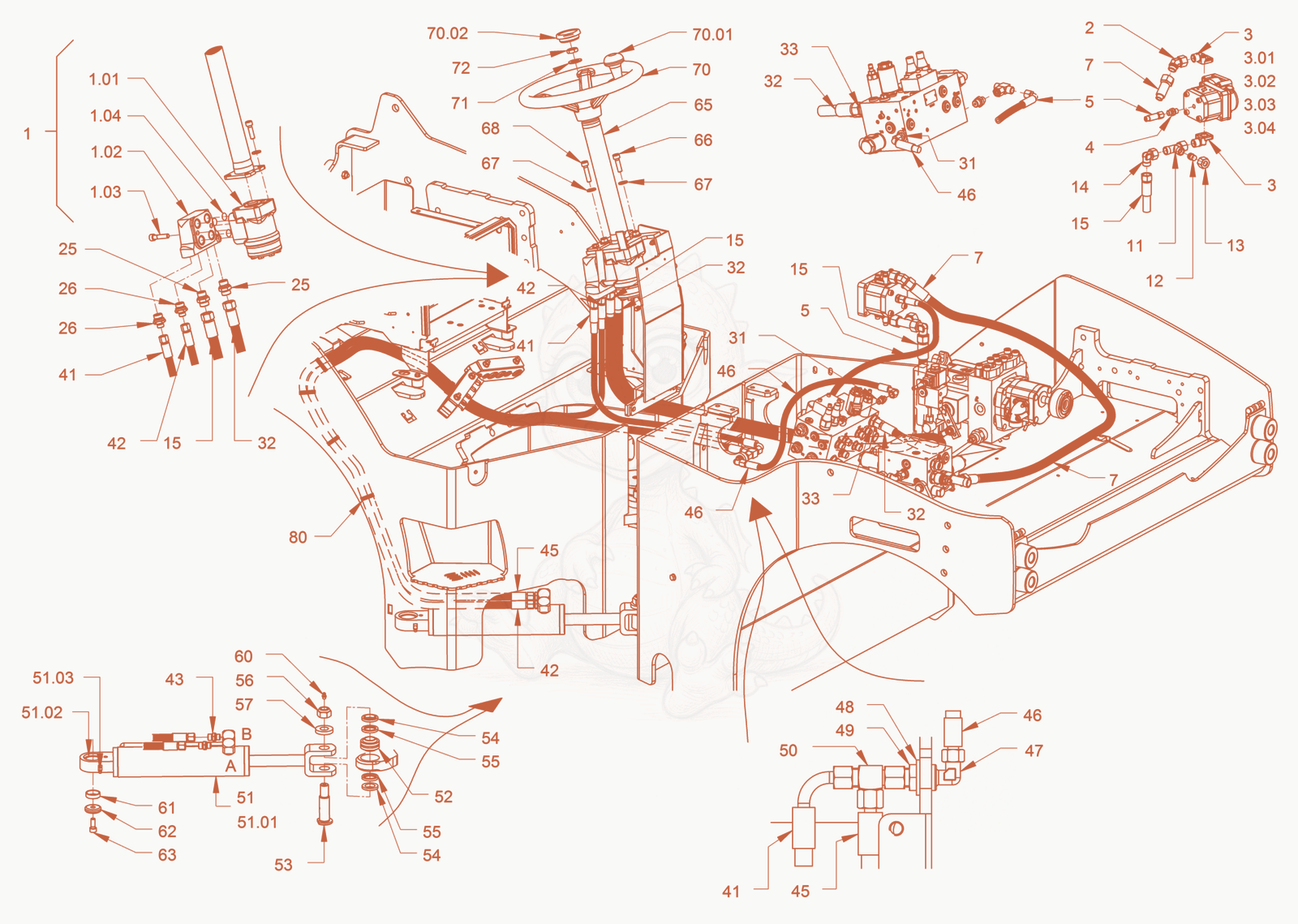Exploded parts diagram of the steering of a Wacker Neuson RD45-140, with numbered balloons