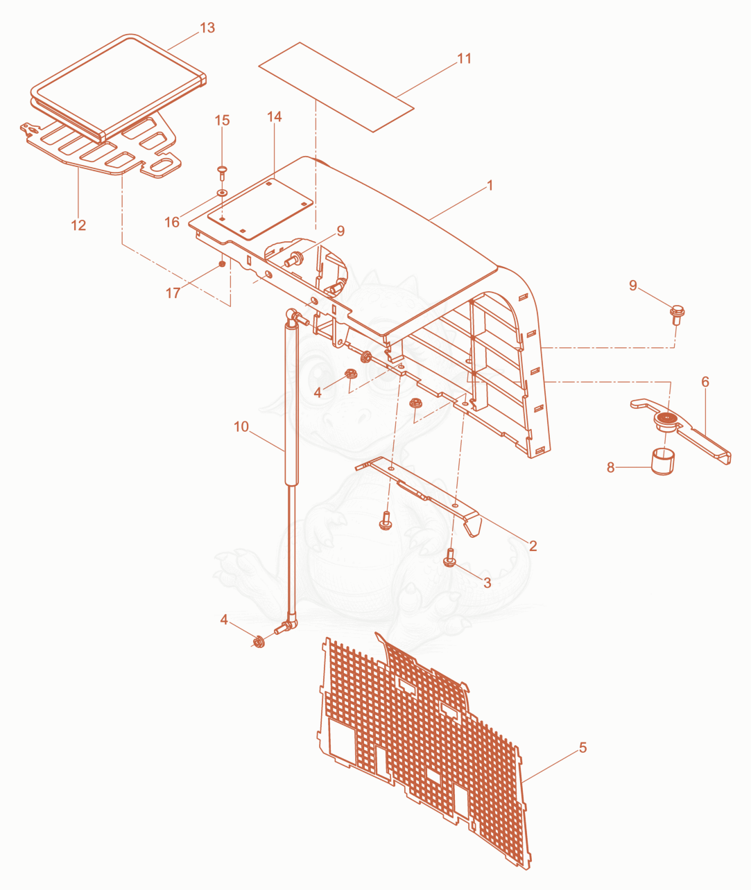 Exploded parts diagram of the Bonnet rear cpl. DPU80 of a Wacker Neuson DPU80LEM770, with numbered balloons