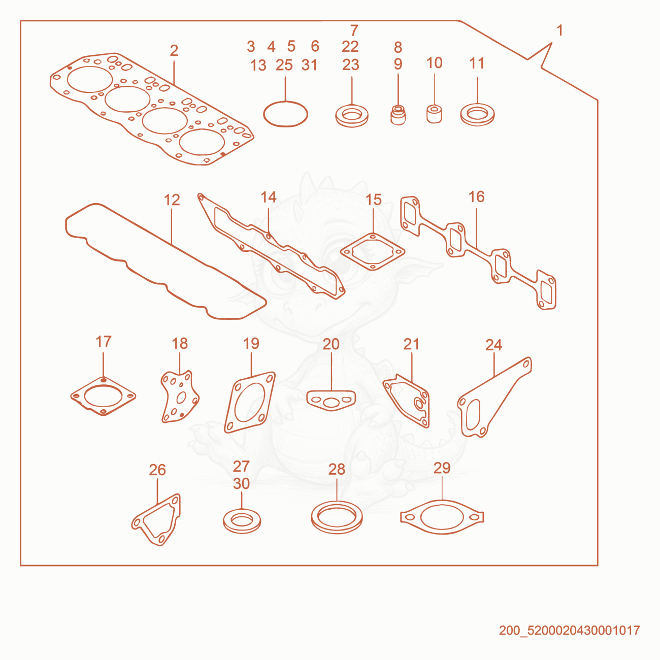 Exploded parts diagram of the Gaskets of a Wacker Neuson APT4S, with numbered balloons