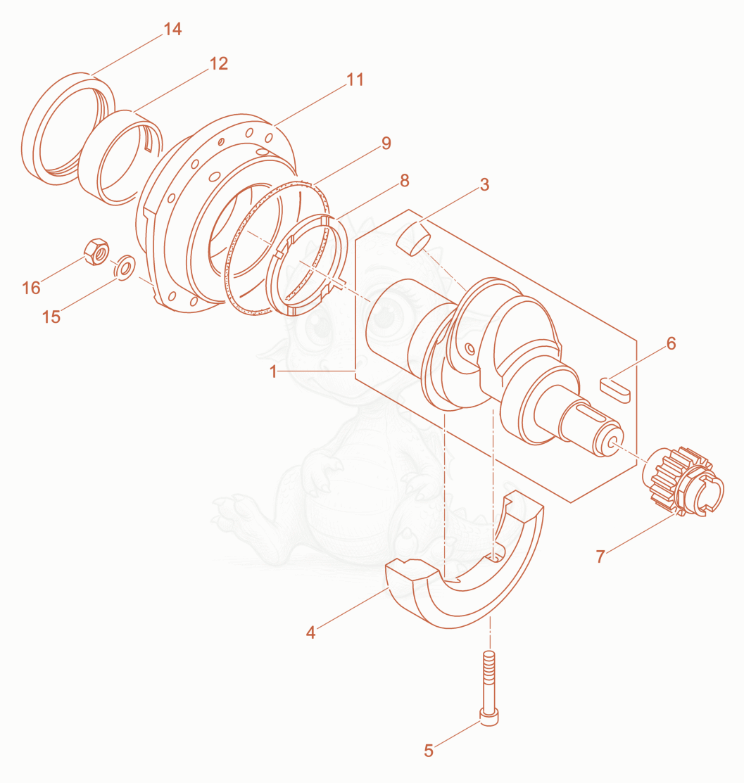 Despiece del Crankshaft, Bearing flange de una máquina Wacker Neuson DPU6555HS, con globos numerados
