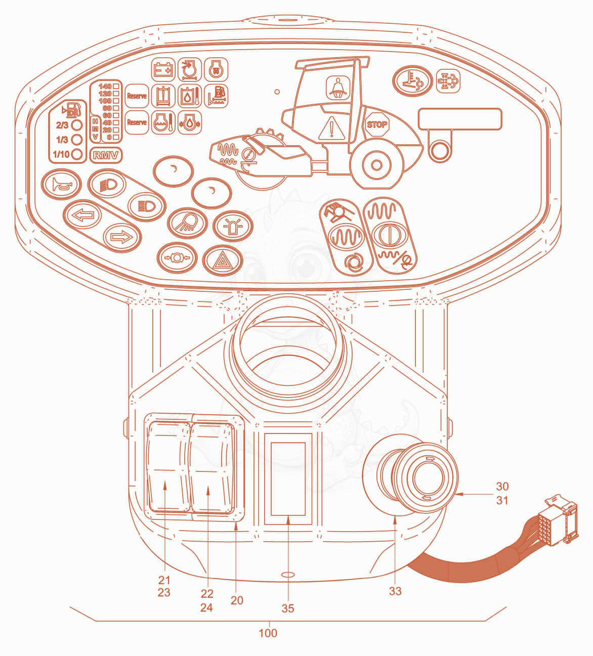 Exploded parts diagram of the instrument panel of a Wacker Neuson RC50DPFCAB, with numbered balloons