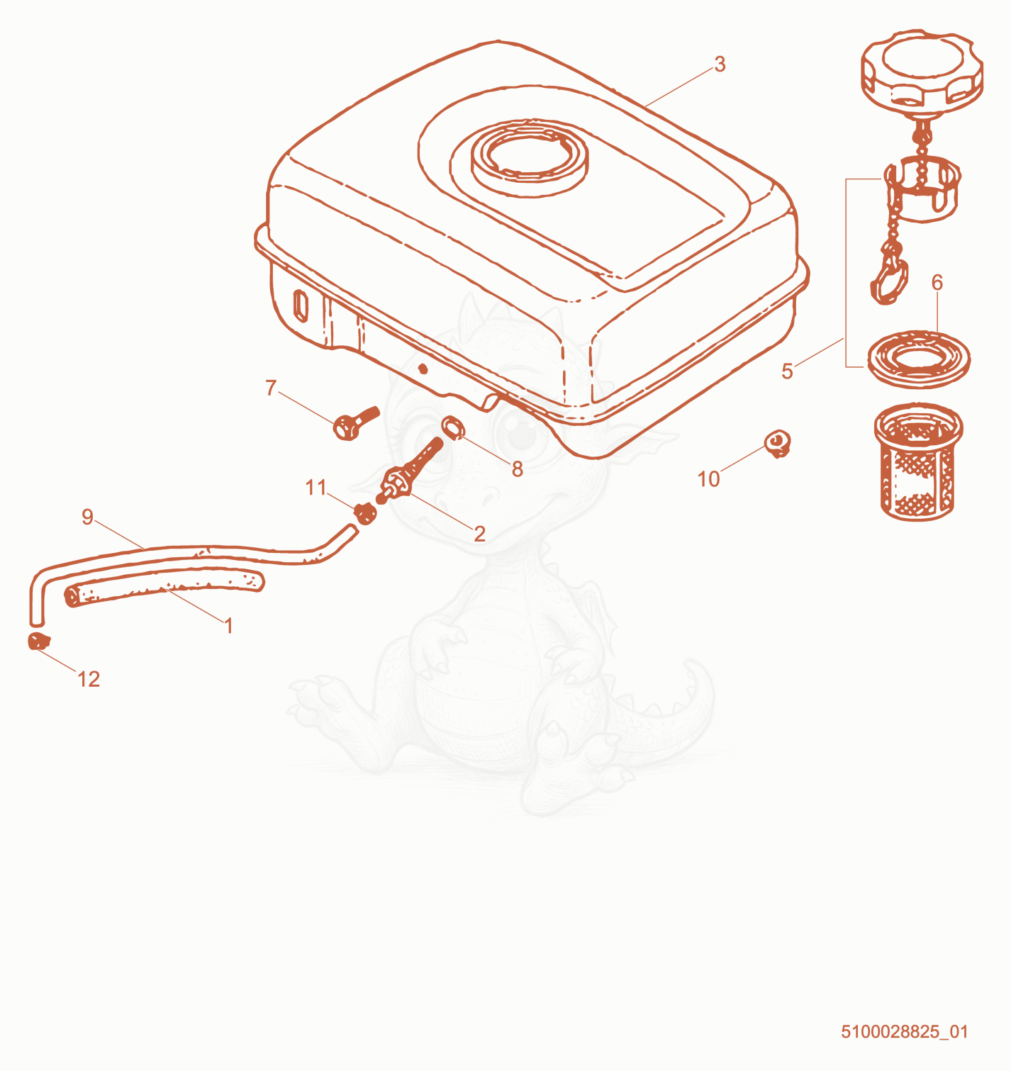 Exploded parts diagram of the Fuel Tank cpl. of a Wacker Neuson PDI3A(I), with numbered balloons