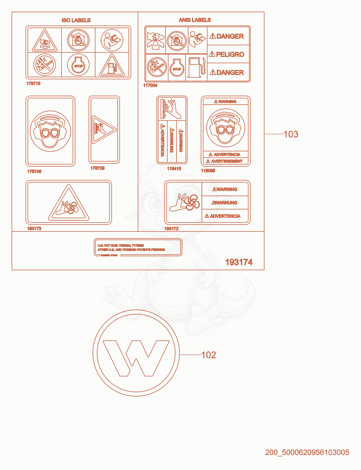 Exploded parts diagram of the Labels of a Wacker Neuson P35AEU, with numbered balloons
