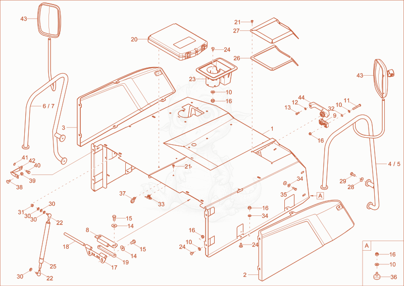 Exploded parts diagram of the engine hood of a Wacker Neuson DW90-2, with numbered balloons