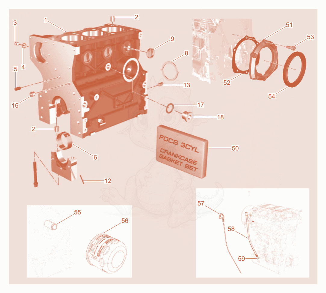 Exploded parts diagram of the Crankcase of a Wacker Neuson DPU110LEM970US, with numbered balloons