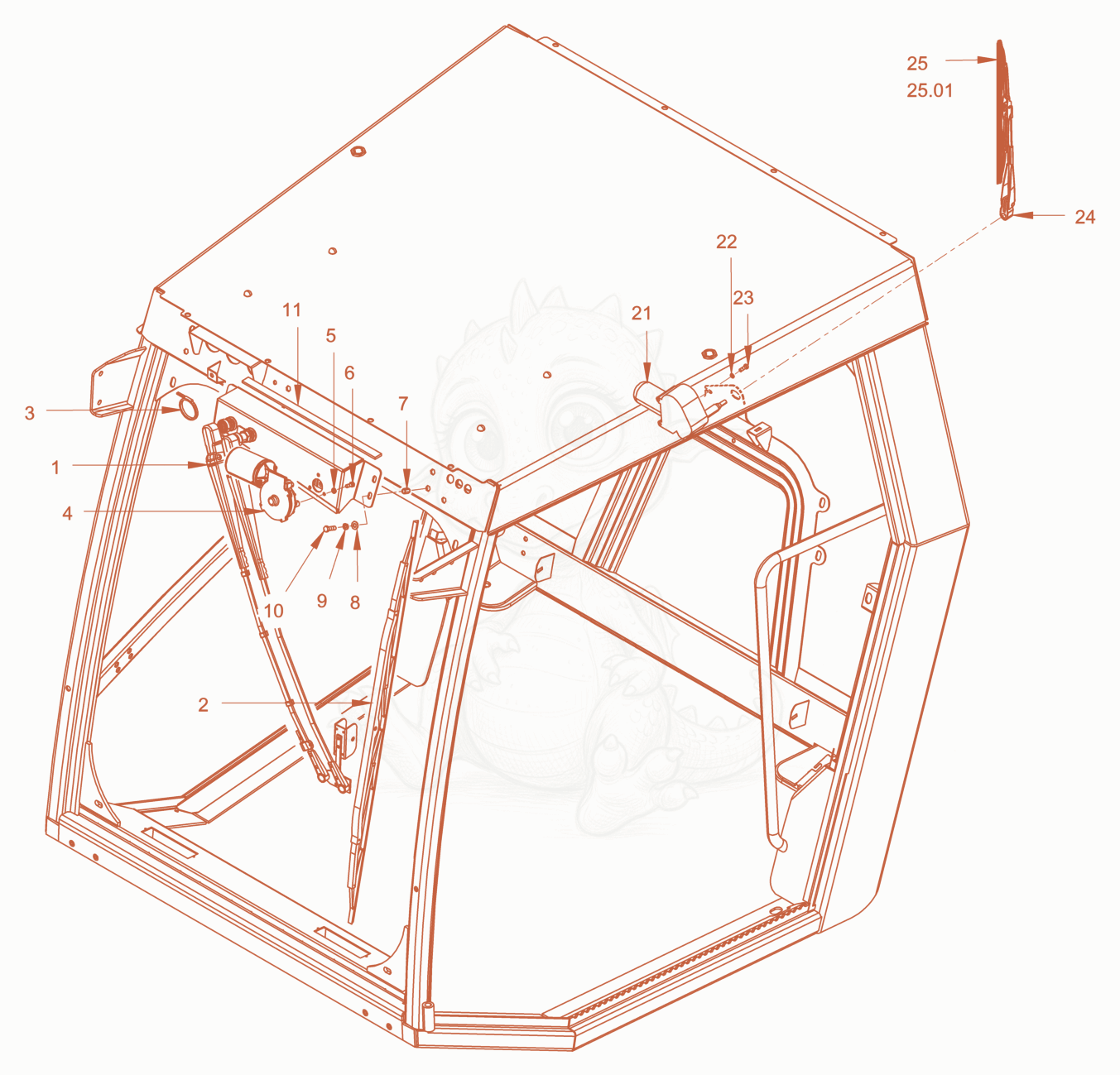 Exploded parts diagram of the driver's cabin of a Wacker Neuson RC110PUSROPS, with numbered balloons
