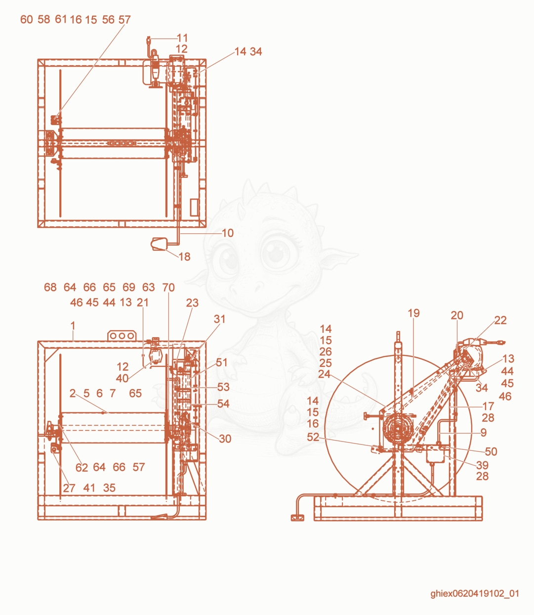 Despiece del Hose Handling System de una máquina Wacker Neuson HHS2502, con globos numerados