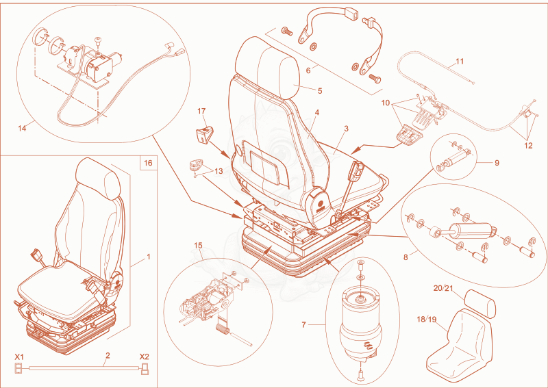 Exploded parts diagram of the Air cushioned seat (Option) of a Wacker Neuson EZ38, with numbered balloons