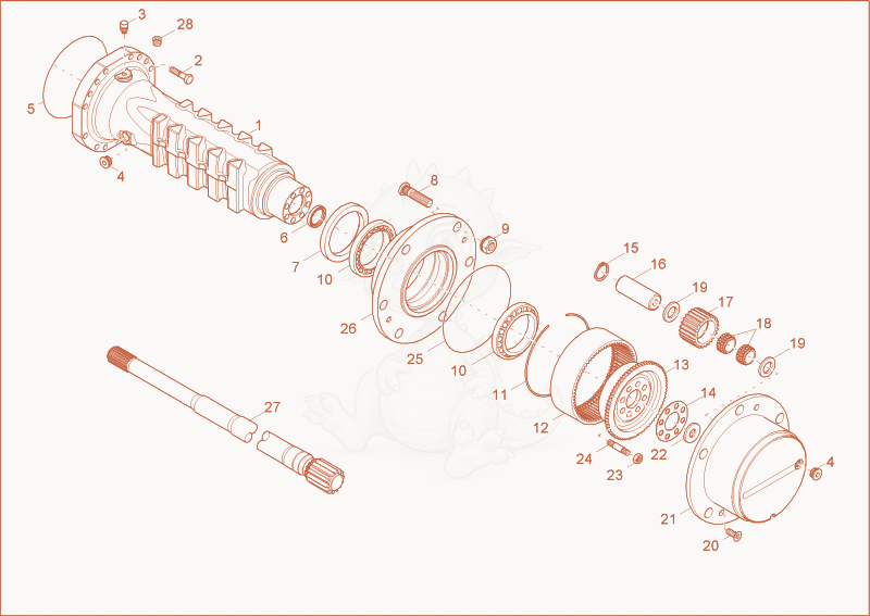 Despiece del AXLE CASE, WHEEL HUB (REAR AXLE) de una máquina Wacker Neuson 3001, con globos numerados