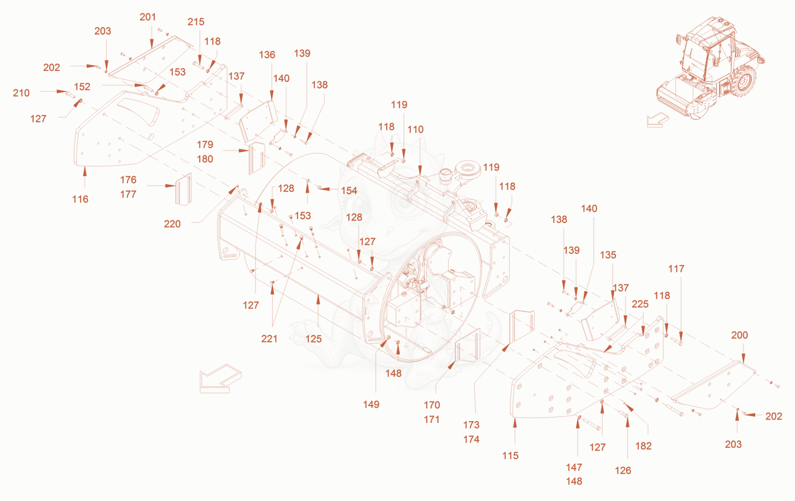 Exploded parts diagram of the main frame and assemblies of a Wacker Neuson RC70PUS, with numbered balloons