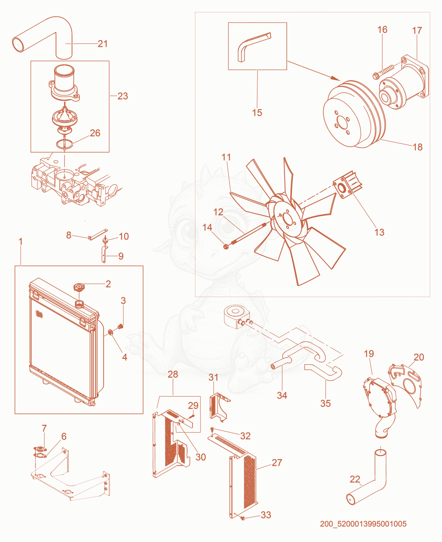 Exploded parts diagram of the Radiator Hoses of a Wacker Neuson G40, with numbered balloons