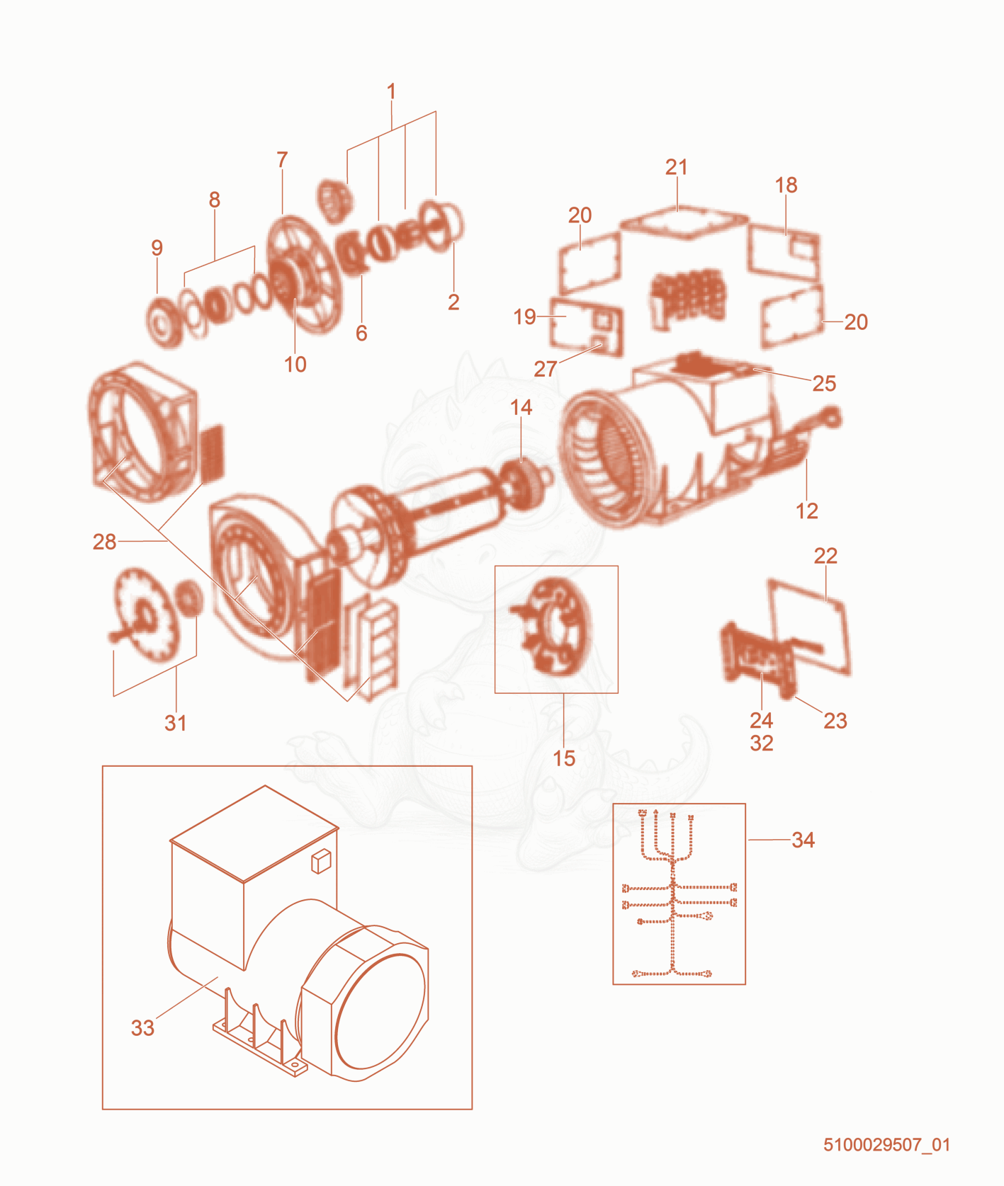 Exploded parts diagram of the Generator cpl. of a Wacker Neuson G1100, with numbered balloons