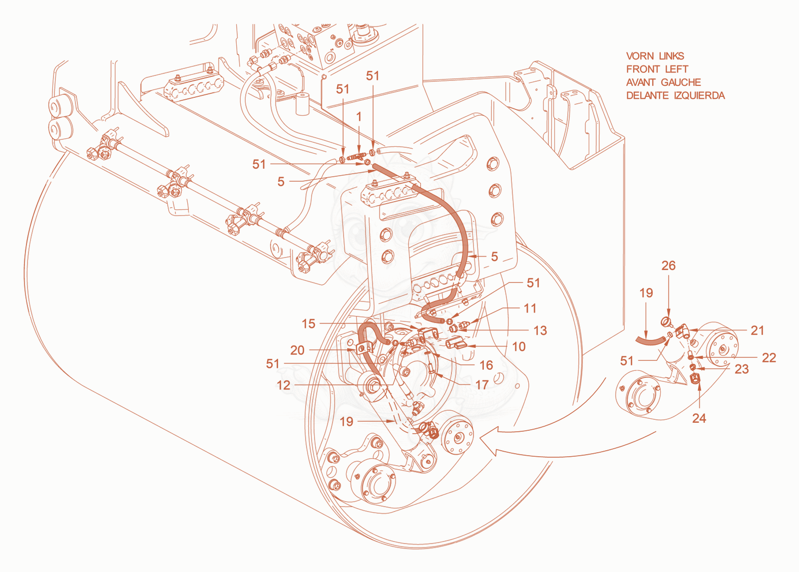Exploded parts diagram of the edge pressing and cutting device of a Wacker Neuson RD45-140, with numbered balloons