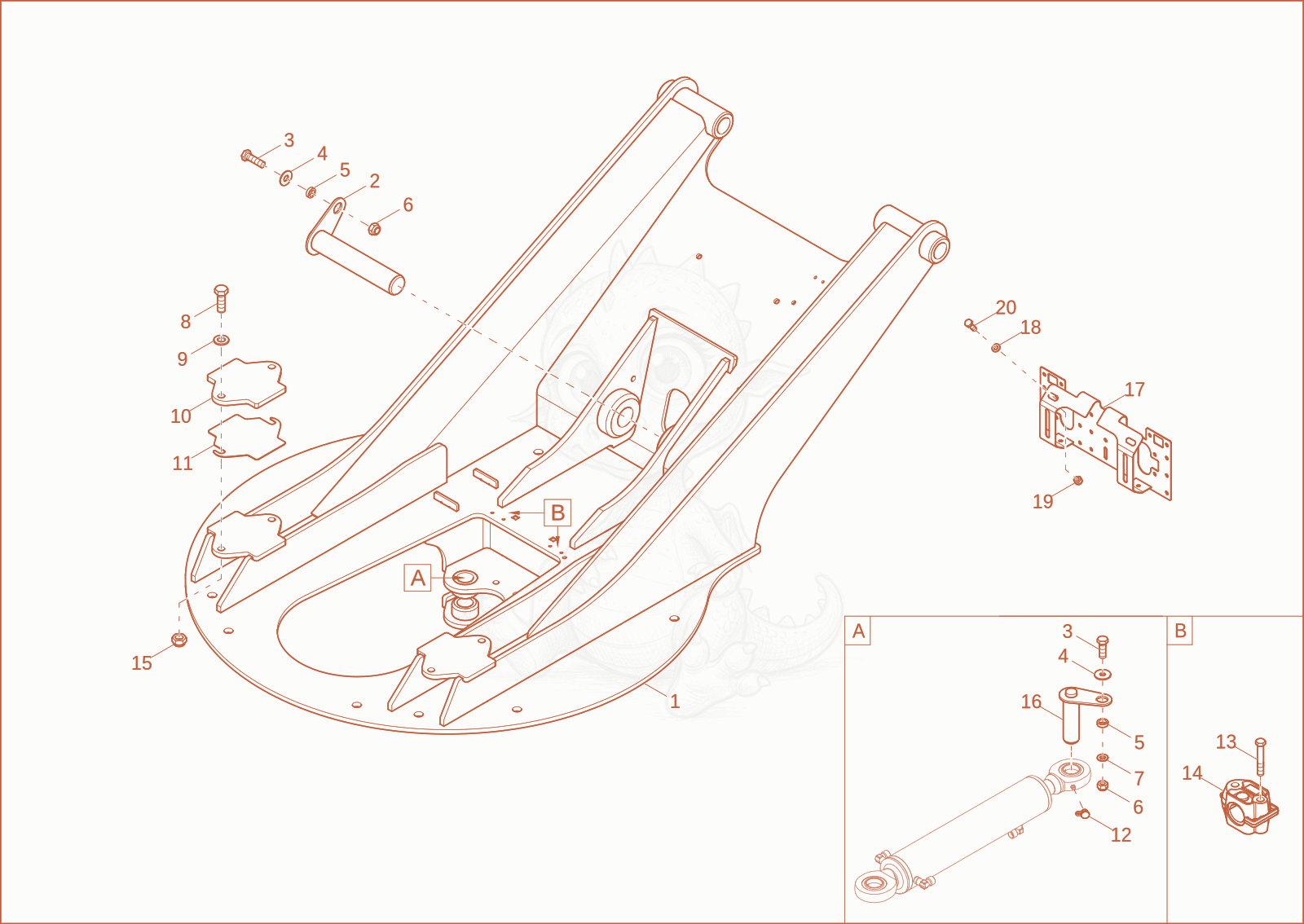 Despiece del SWING BRACKET de una máquina Wacker Neuson DW50-2, con globos numerados