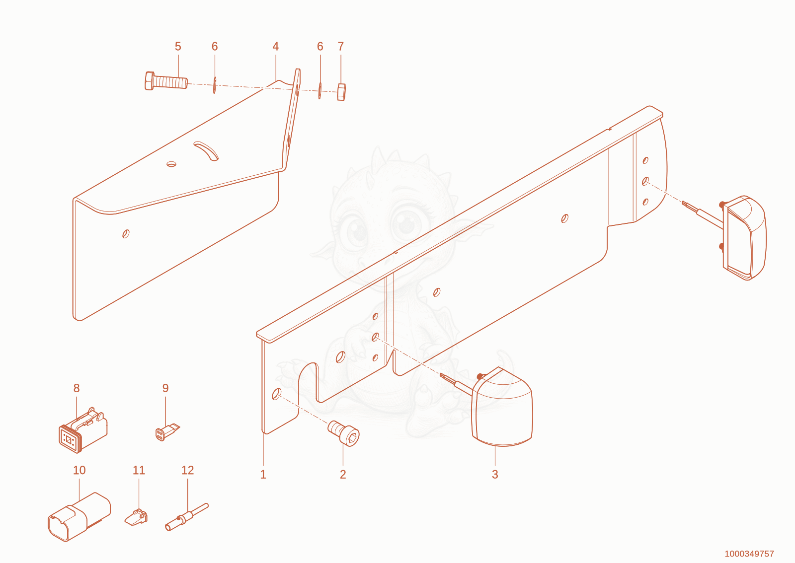 Exploded parts diagram of the Numberplate light BG of a Wacker Neuson TH627(418-12), with numbered balloons
