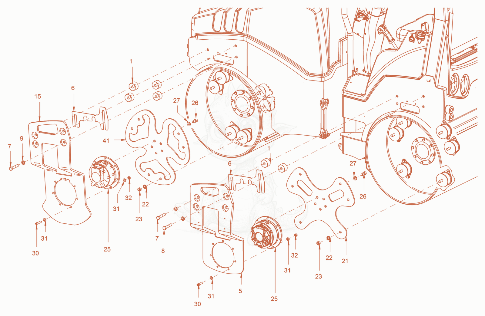 Exploded parts diagram of the suspension (roller drum) of a Wacker Neuson RD24-100OUS, with numbered balloons