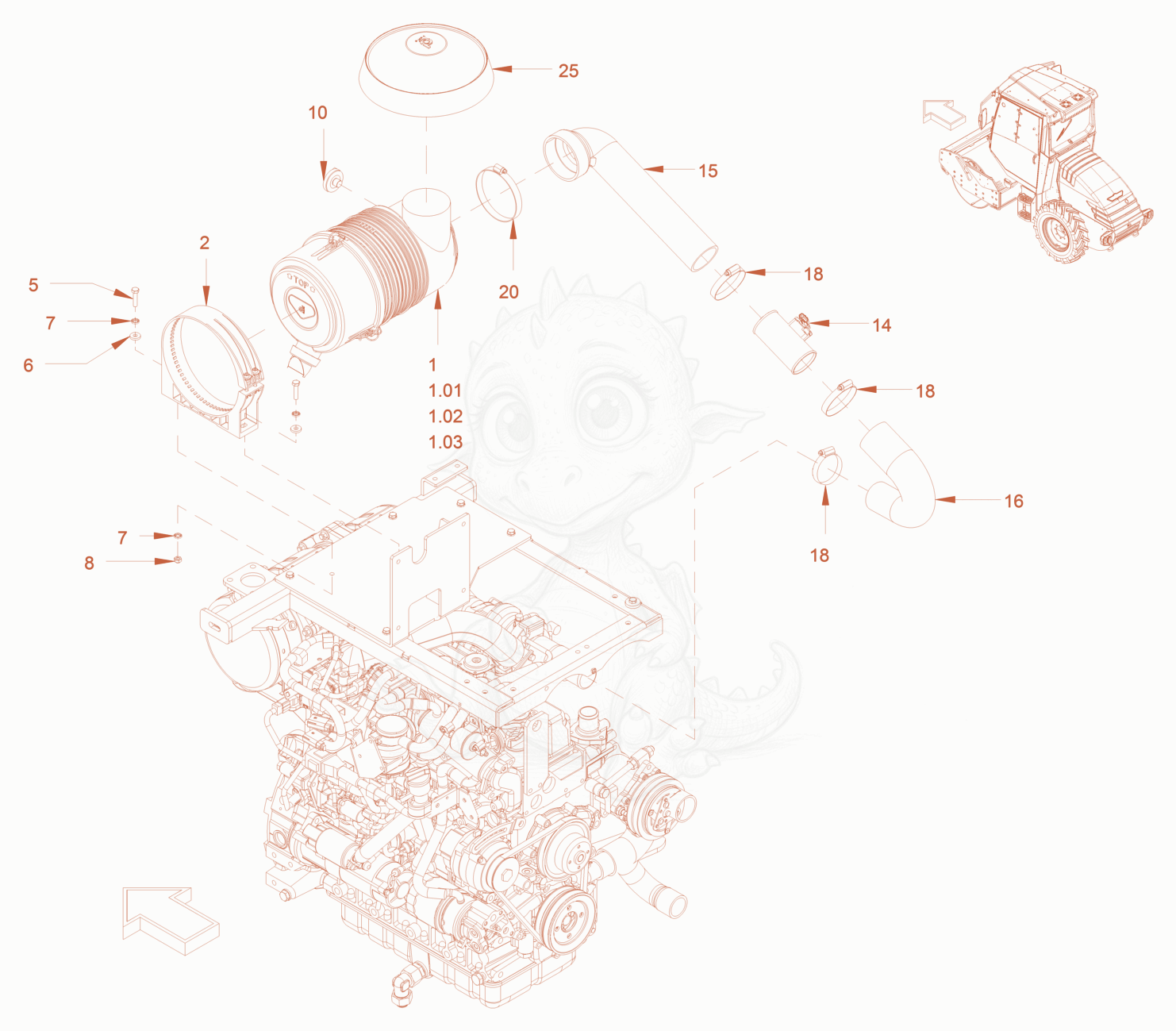 Exploded parts diagram of the air filter system of a Wacker Neuson RC70P, with numbered balloons