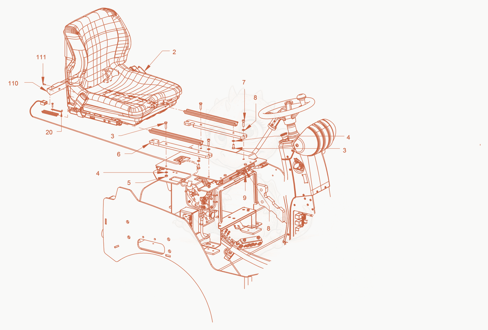 Exploded parts diagram of the operator's seat with adjustment of a Wacker Neuson RD40-130C, with numbered balloons