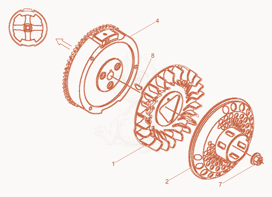 Despiece del Flywheel de una máquina Wacker Neuson BPU3545AUS, con globos numerados