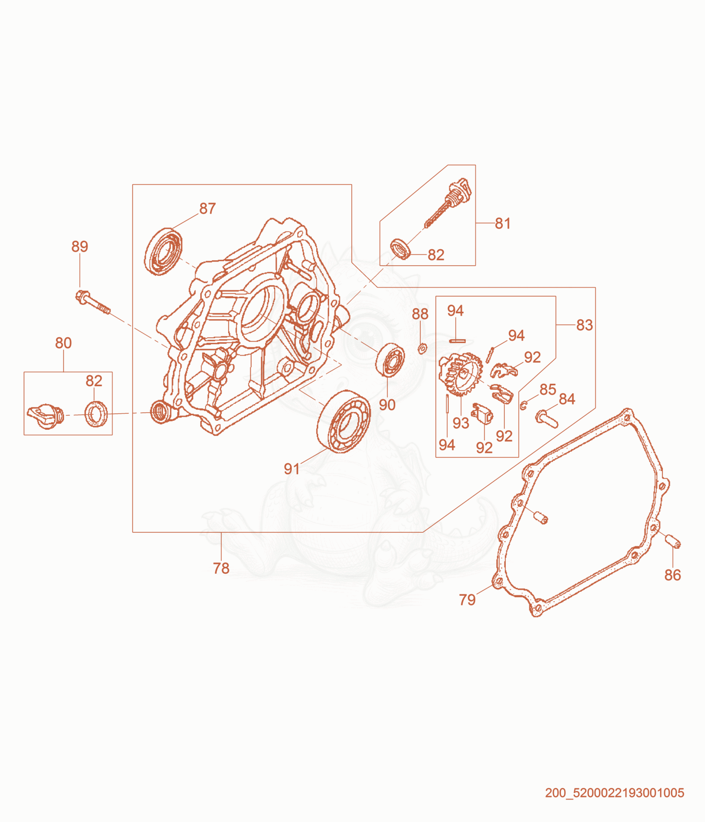 Despiece del Crankcase Cover de una máquina Wacker Neuson RD7A, con globos numerados