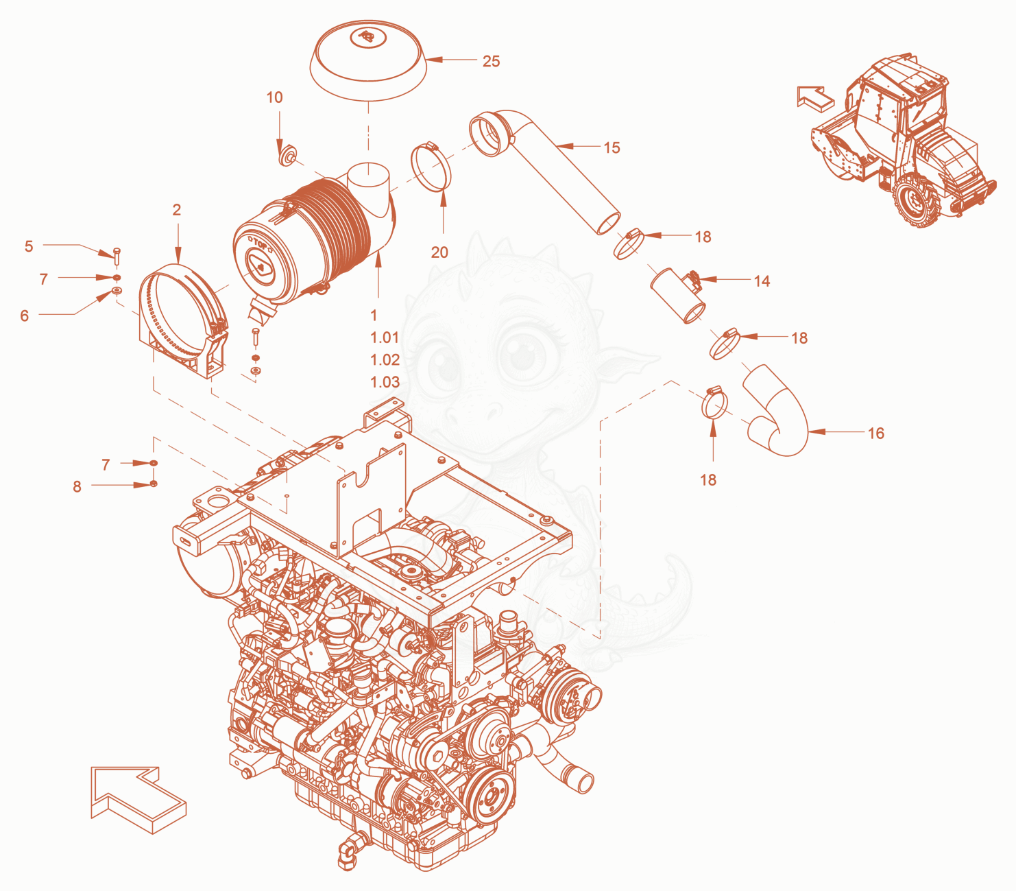 Exploded parts diagram of the Air Filter System of a Wacker Neuson RC70VOUS, with numbered balloons