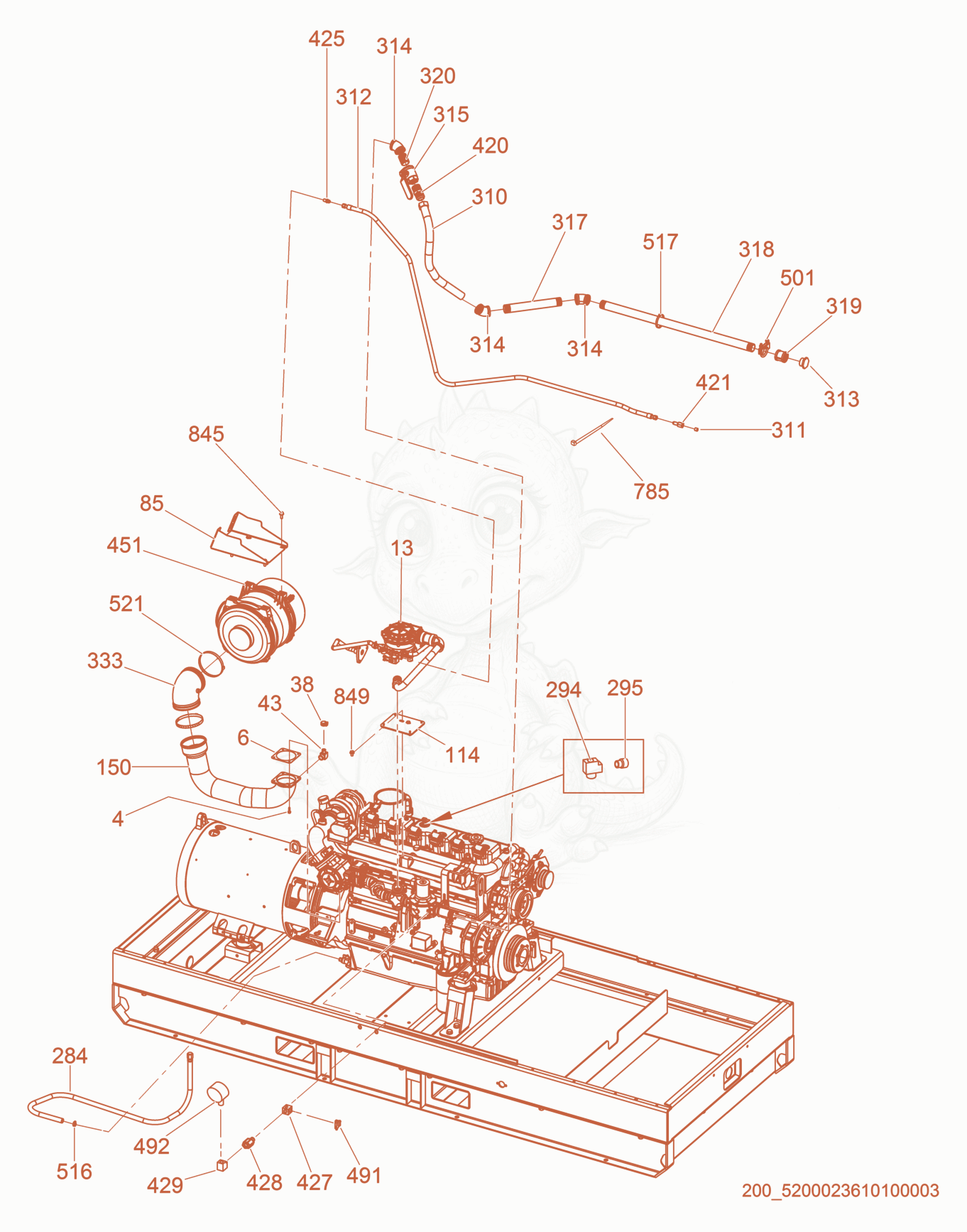 Exploded parts diagram of the Fuel line plumbing cpl. of a Wacker Neuson GN165, with numbered balloons