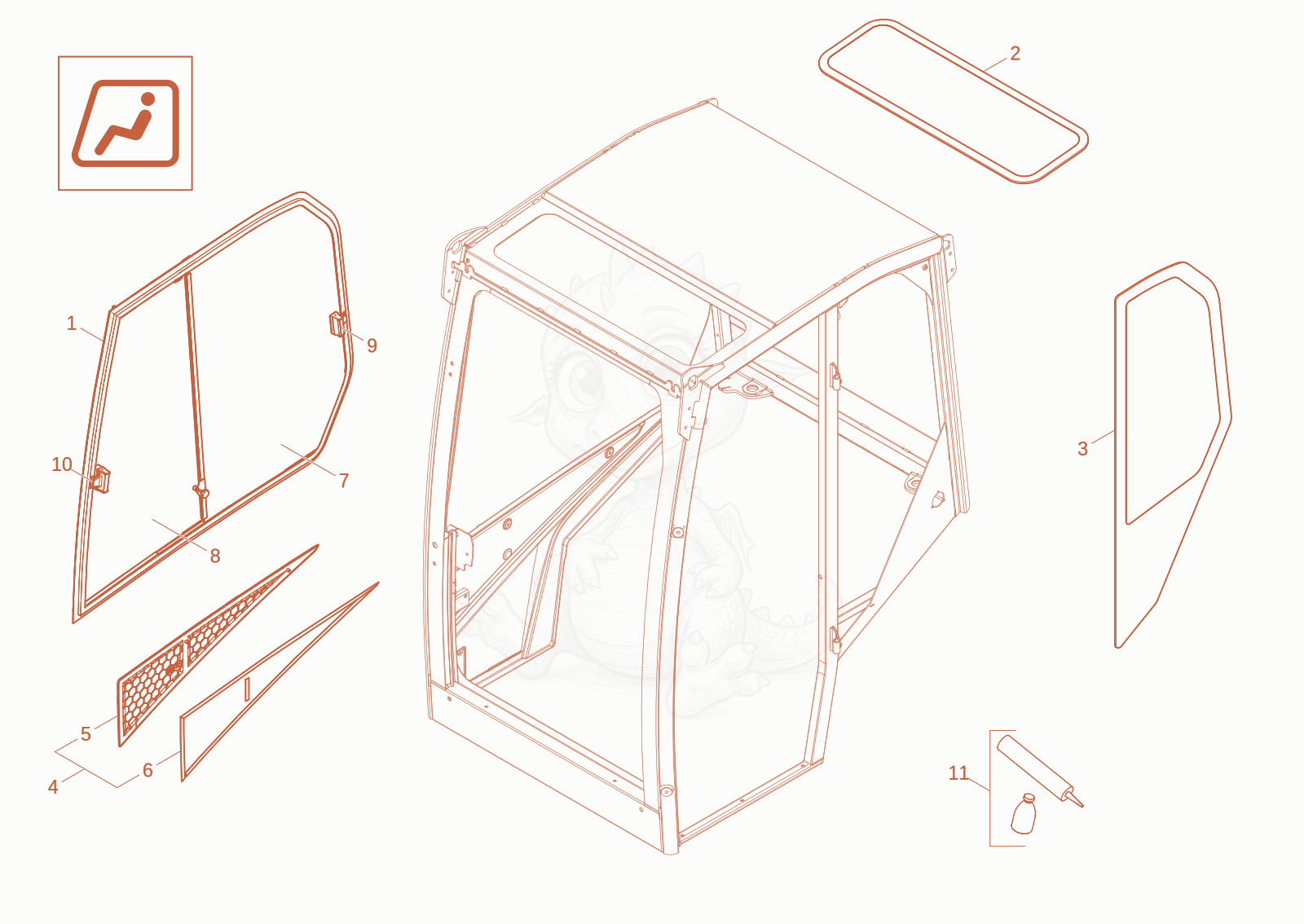 Exploded parts diagram of the CABIN WINDOWS (OPTION) of a Wacker Neuson ET20-2, with numbered balloons