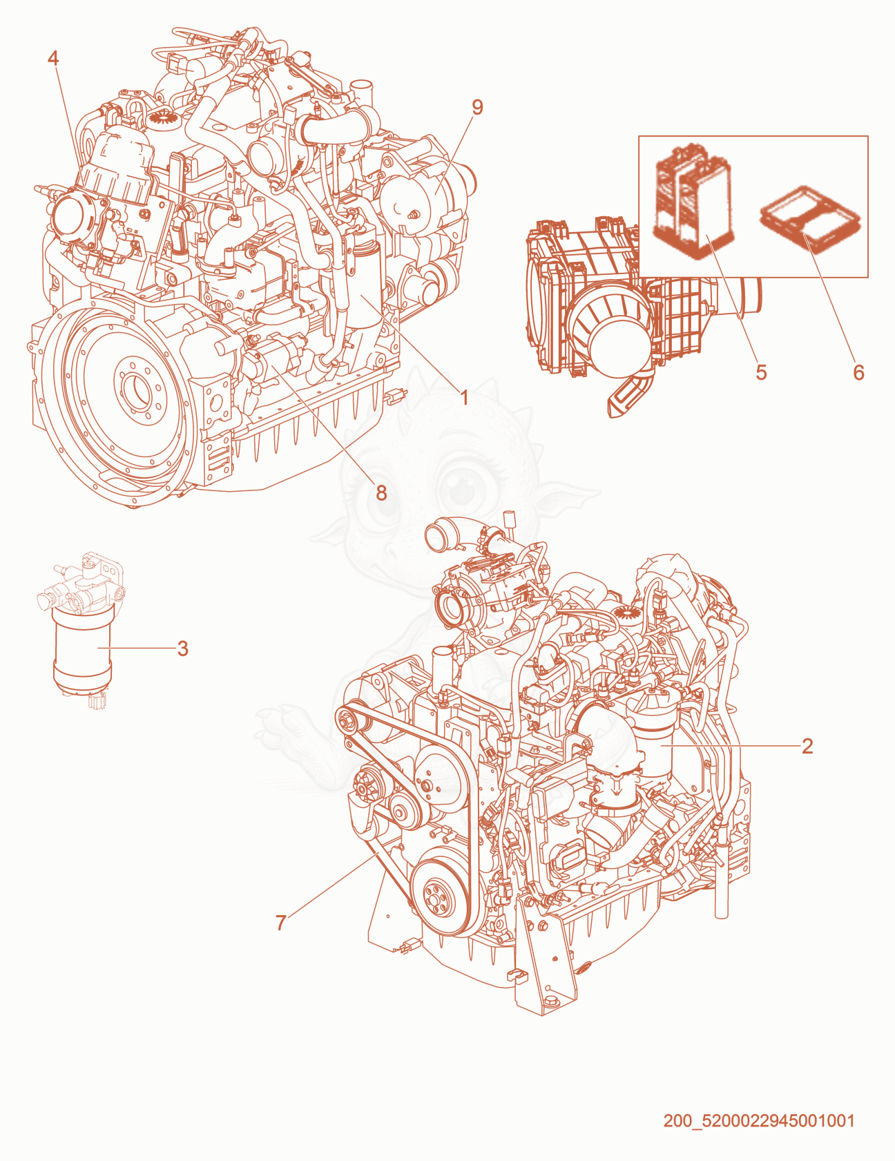 Exploded parts diagram of the Engine Service Parts of a Wacker Neuson G100, with numbered balloons