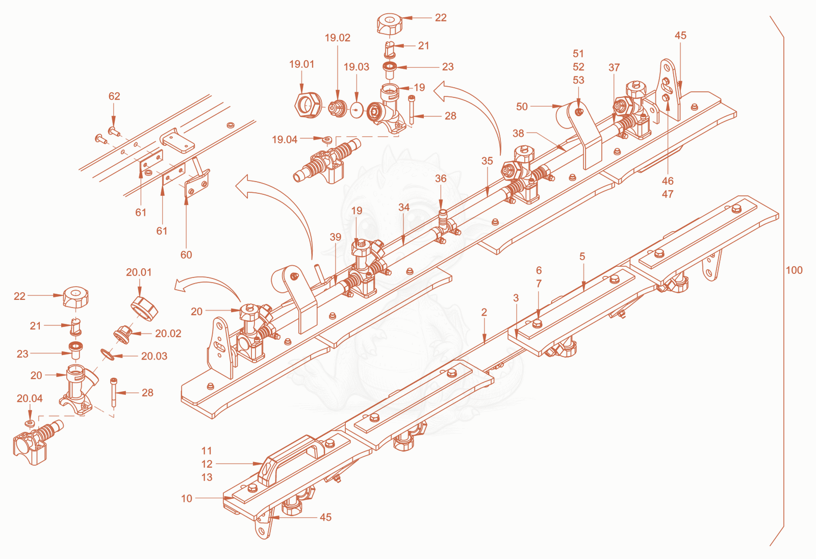 Exploded parts diagram of the scraper of a Wacker Neuson RD40-130CDPF, with numbered balloons