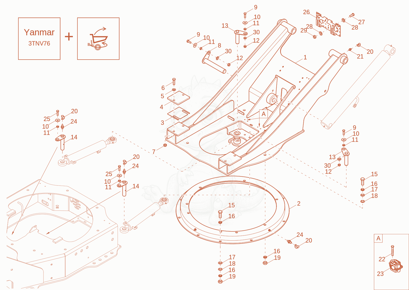 Despiece del SWING BRACKET de una máquina Wacker Neuson DW30-2, con globos numerados