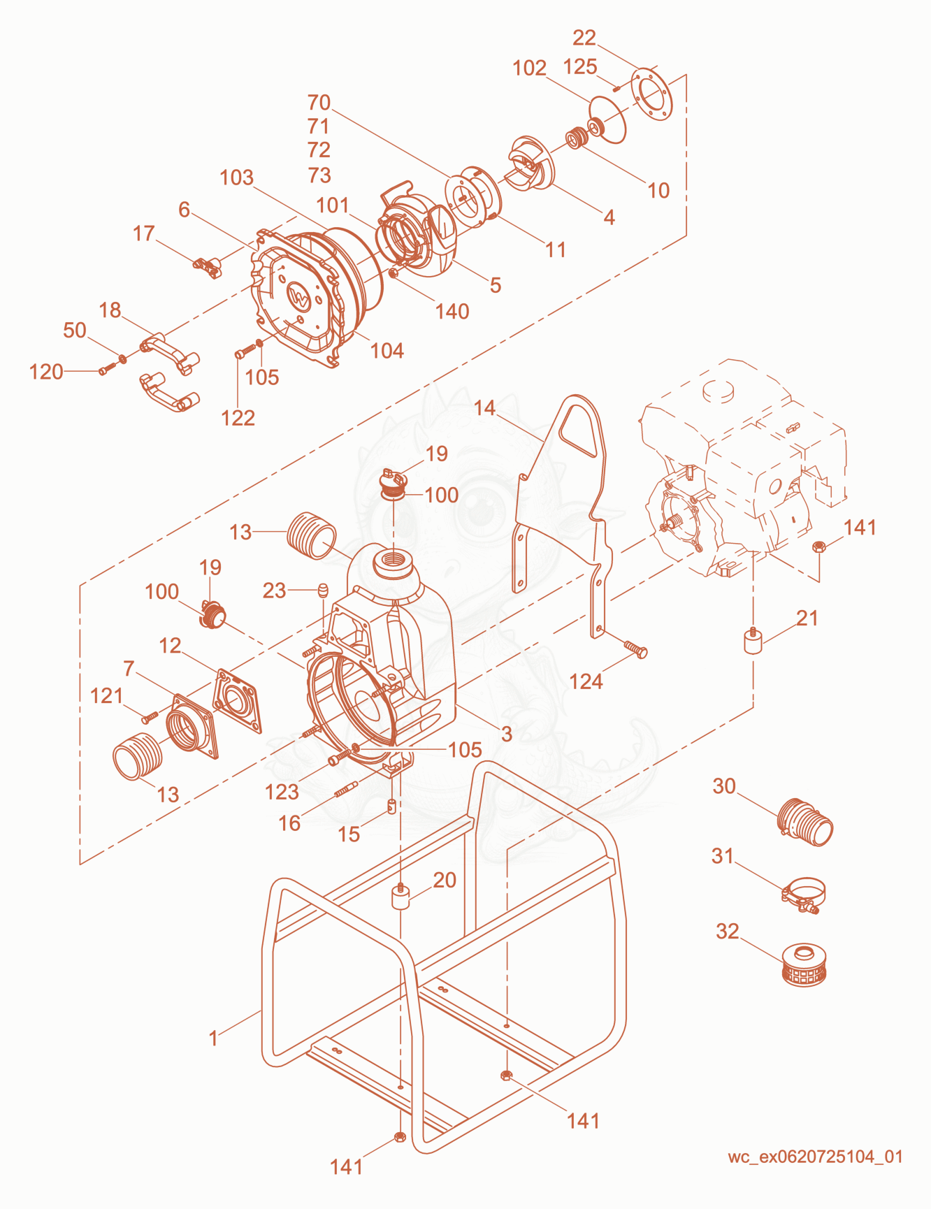 Exploded parts diagram of the Pump cpl. of a Wacker Neuson PT2, with numbered balloons
