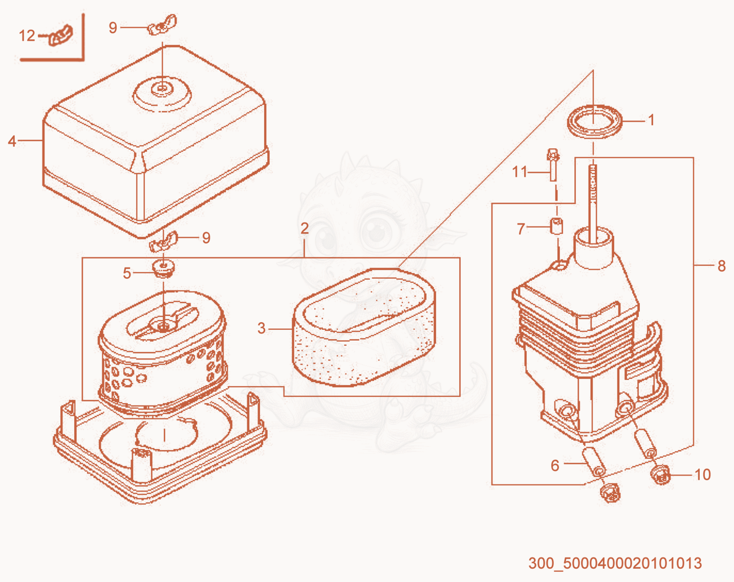 Despiece del Air Cleaner de una máquina Wacker Neuson VP1135AW, con globos numerados