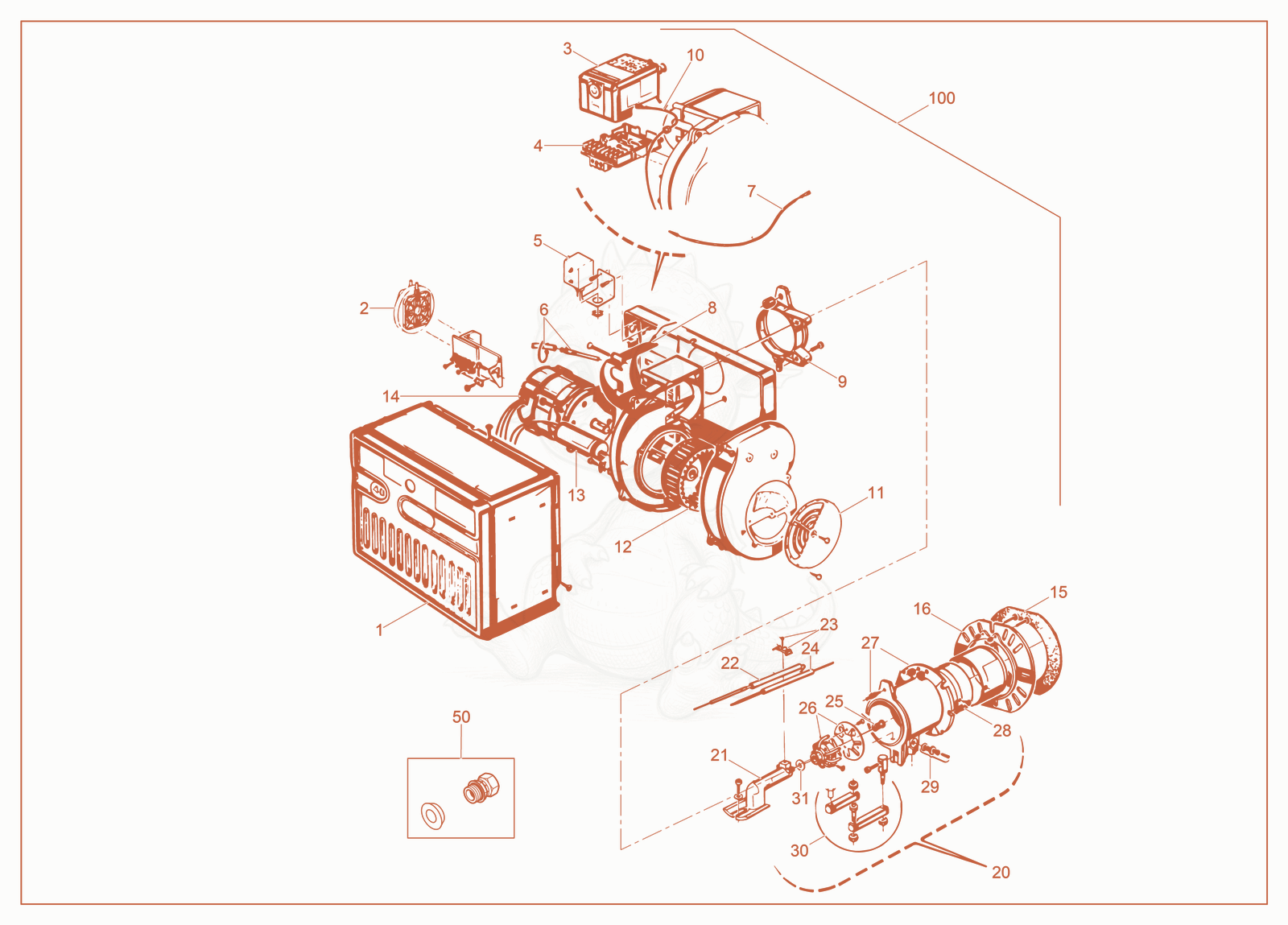 Exploded parts diagram of the Burner cpl. of a Wacker Neuson E1250B, with numbered balloons