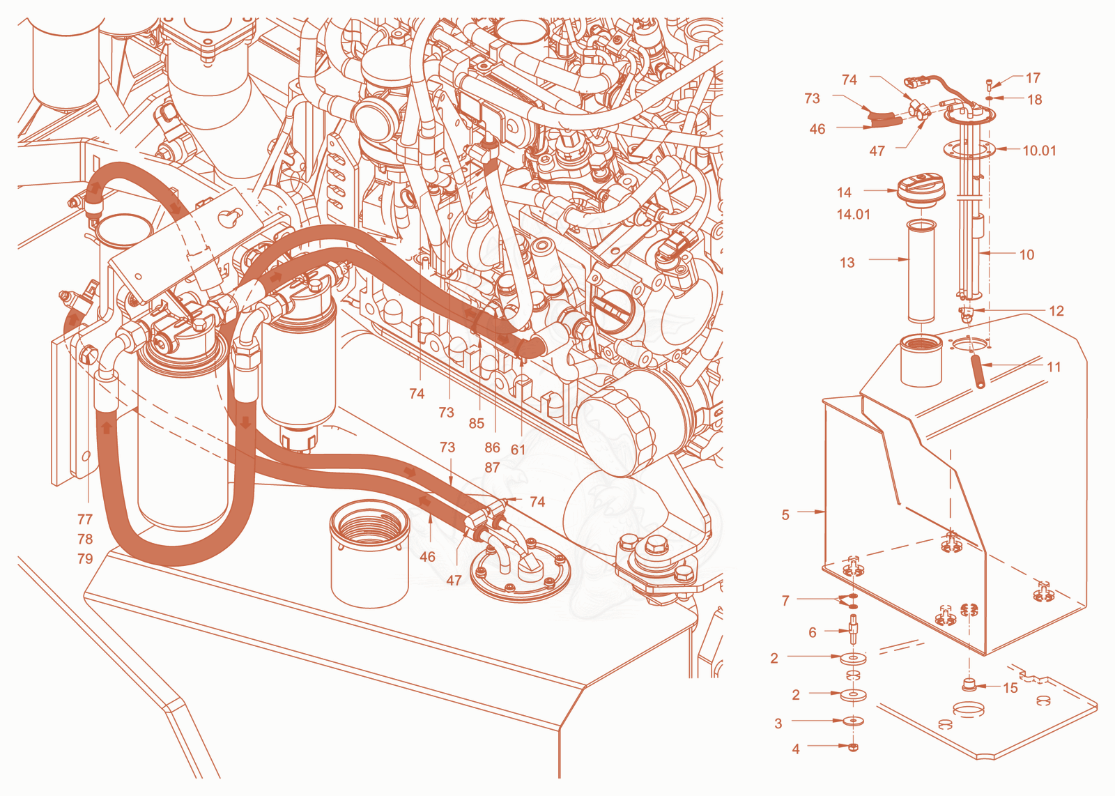 Exploded parts diagram of the Fuel system of a Wacker Neuson RD45-140, with numbered balloons