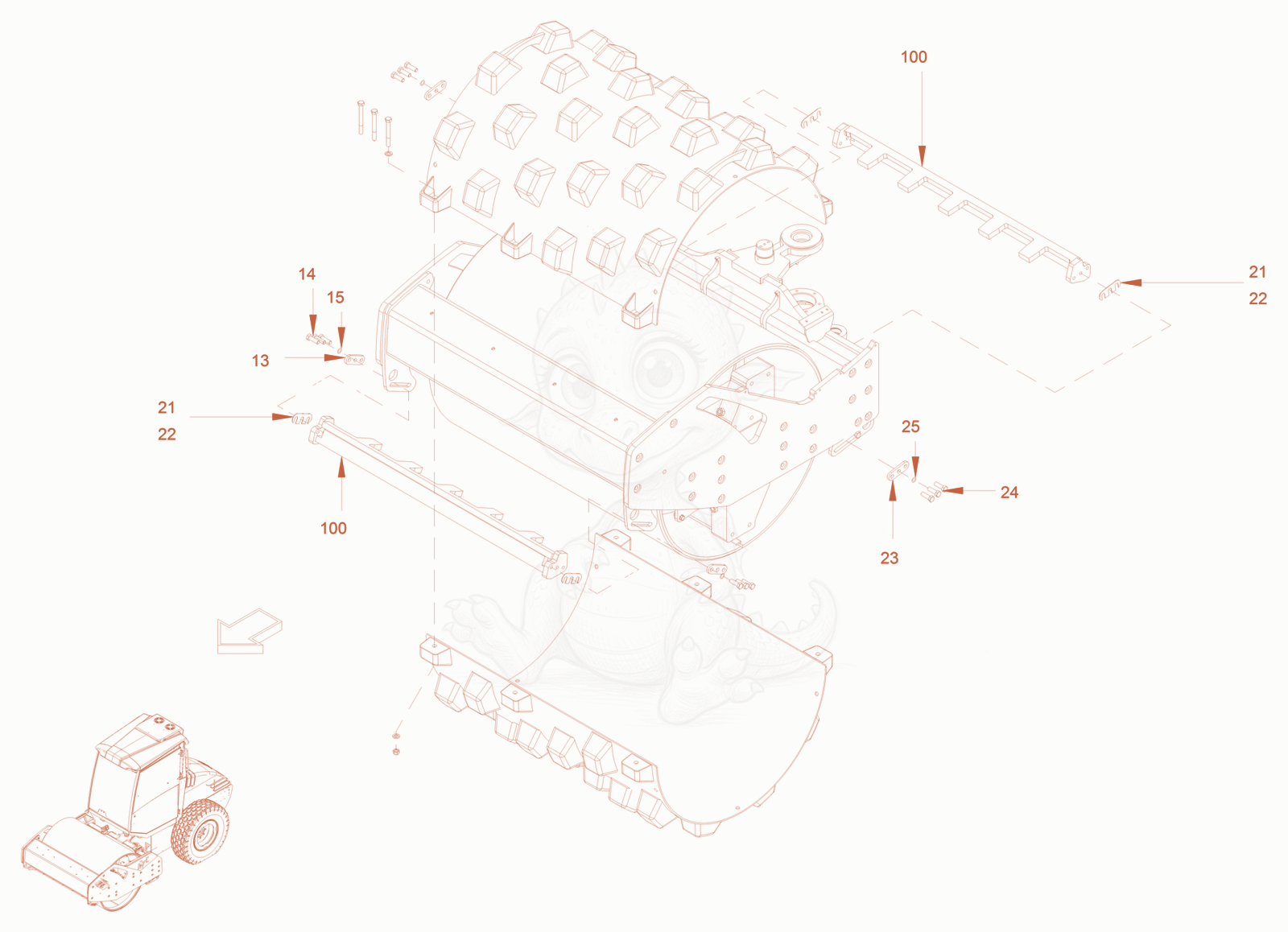 Exploded parts diagram of the scraper padfoot drum of a Wacker Neuson RC50P, with numbered balloons