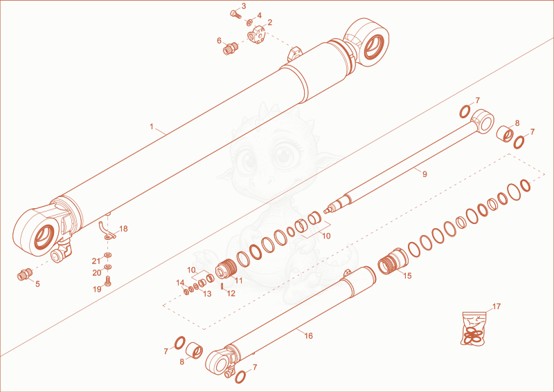 Exploded parts diagram of the dipper arm cylinder of a Wacker Neuson EW100, with numbered balloons