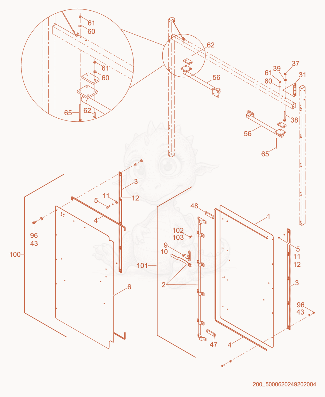 Despiece del Rear Enclosure cpl. de una máquina Wacker Neuson PUREHEAT, con globos numerados