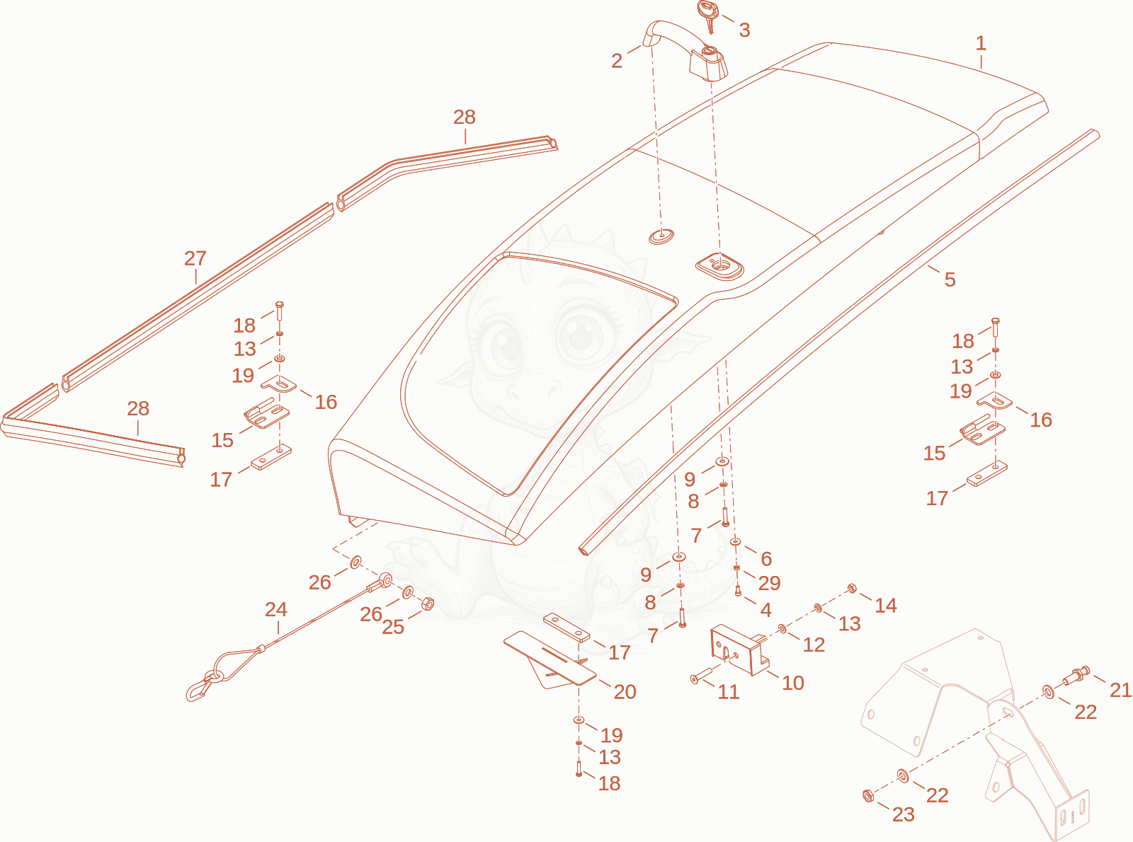 Exploded parts diagram of the engine hood of a Wacker Neuson TH412, with numbered balloons