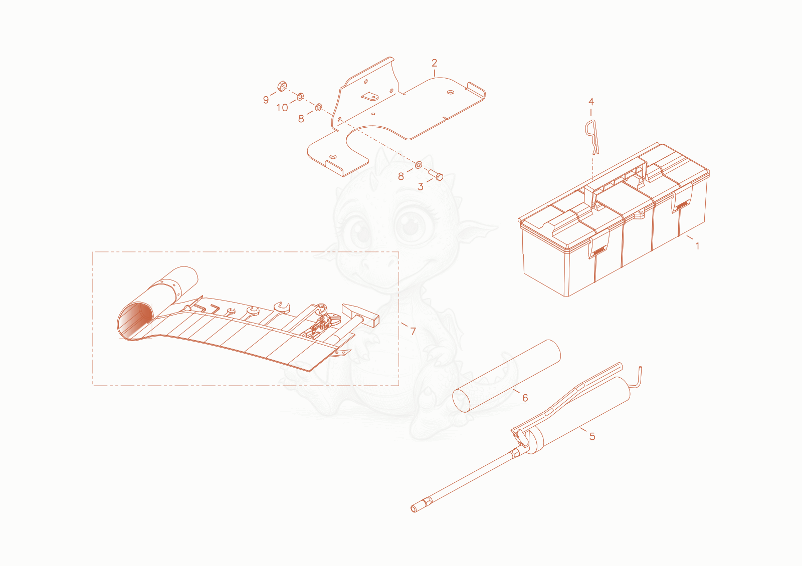 Exploded parts diagram of the tool box of a Wacker Neuson WL60STAGEV, with numbered balloons