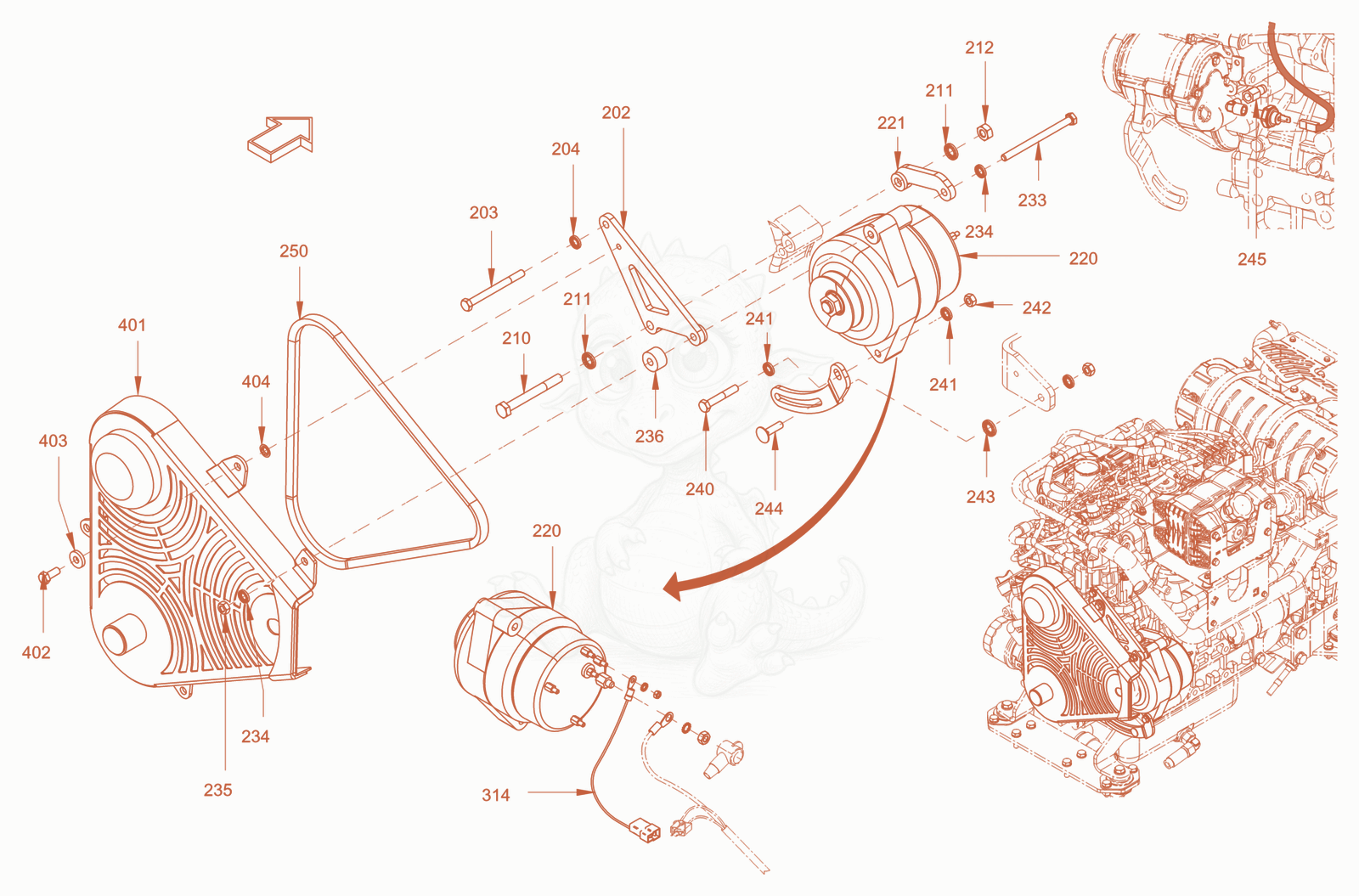 Exploded parts diagram of the pump drive and engine assembly of a Wacker Neuson RD45-140, with numbered balloons