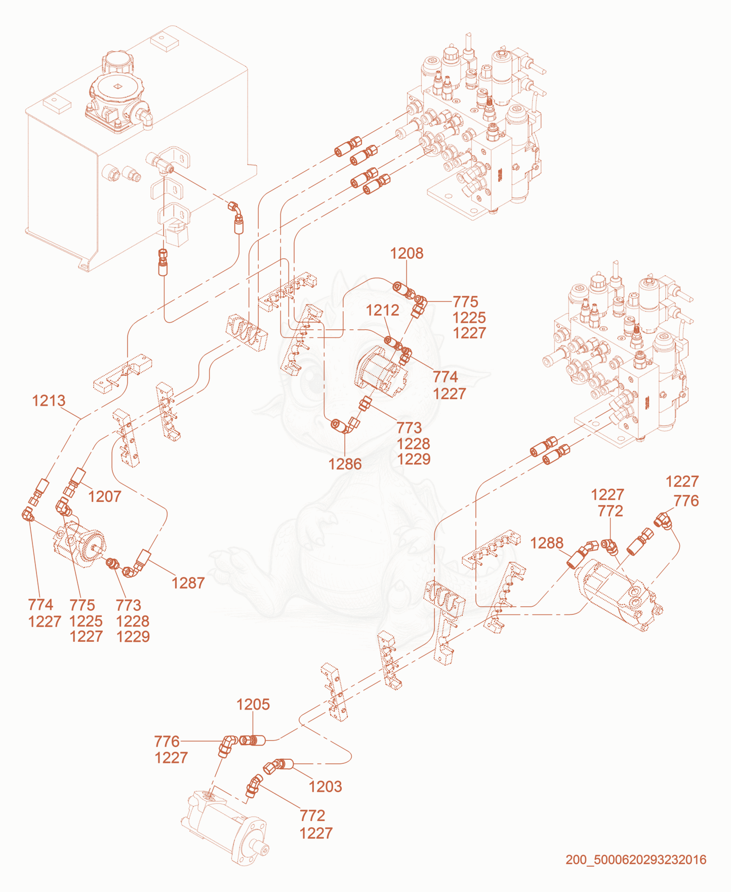 Exploded parts diagram of the Hydraulic Piping of a Wacker Neuson RTL82-SC3, with numbered balloons