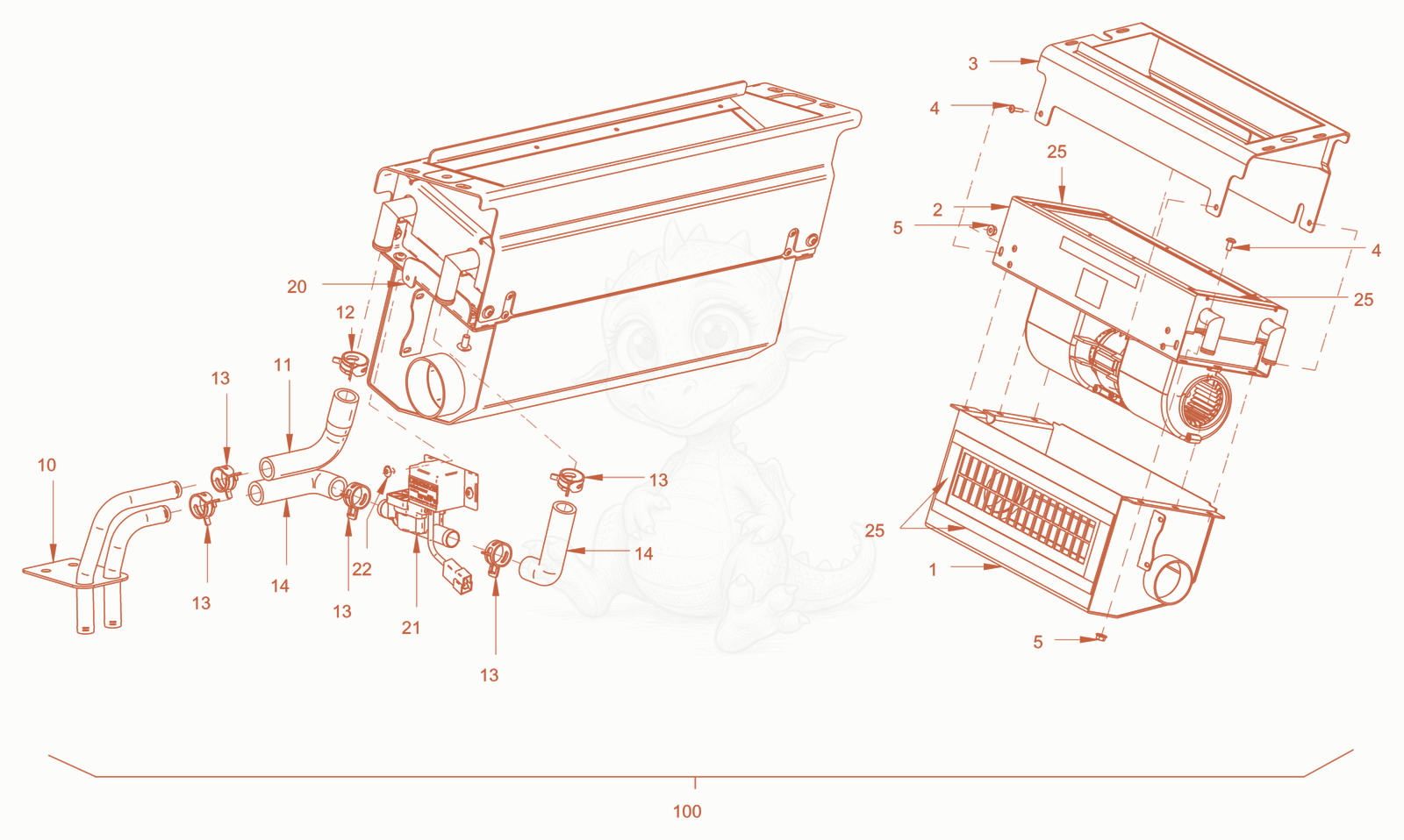 Exploded parts diagram of the cabin-heating of a Wacker Neuson RC110PUSROPS, with numbered balloons