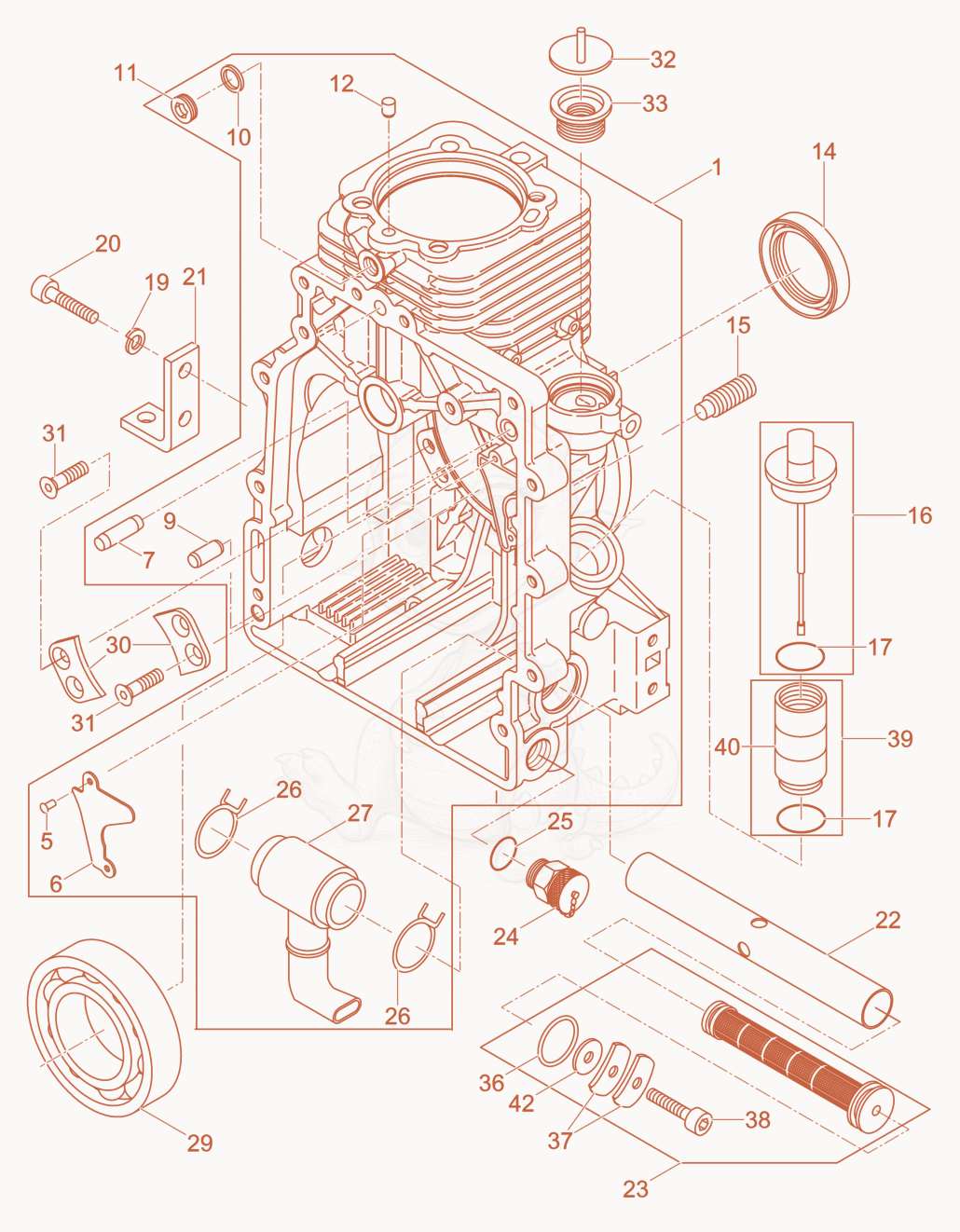 Exploded parts diagram of the Motor housing of a Wacker Neuson DPU3750HTSUS, with numbered balloons